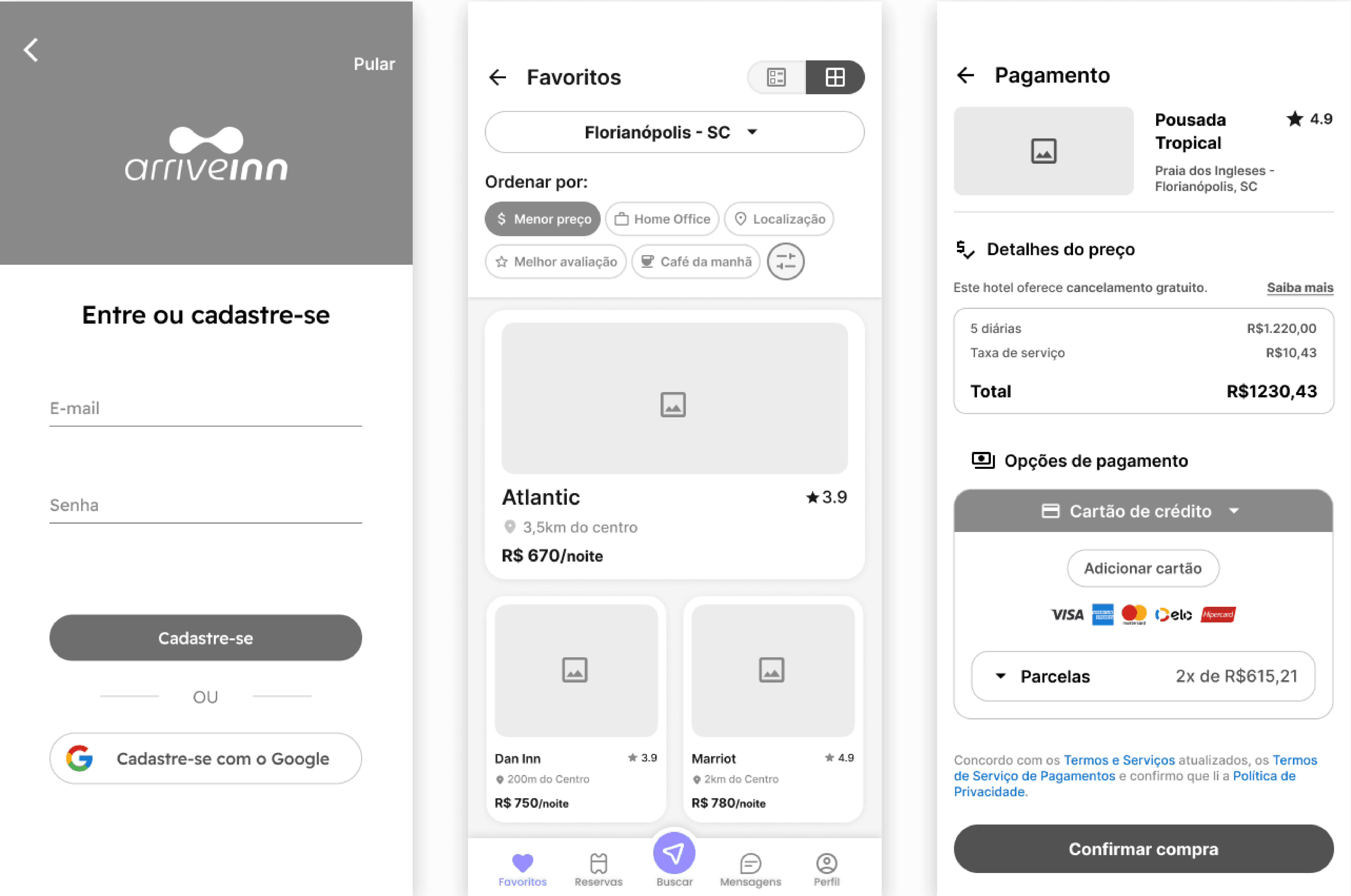 Protótipo de baixa fidelidade — fluxo completo