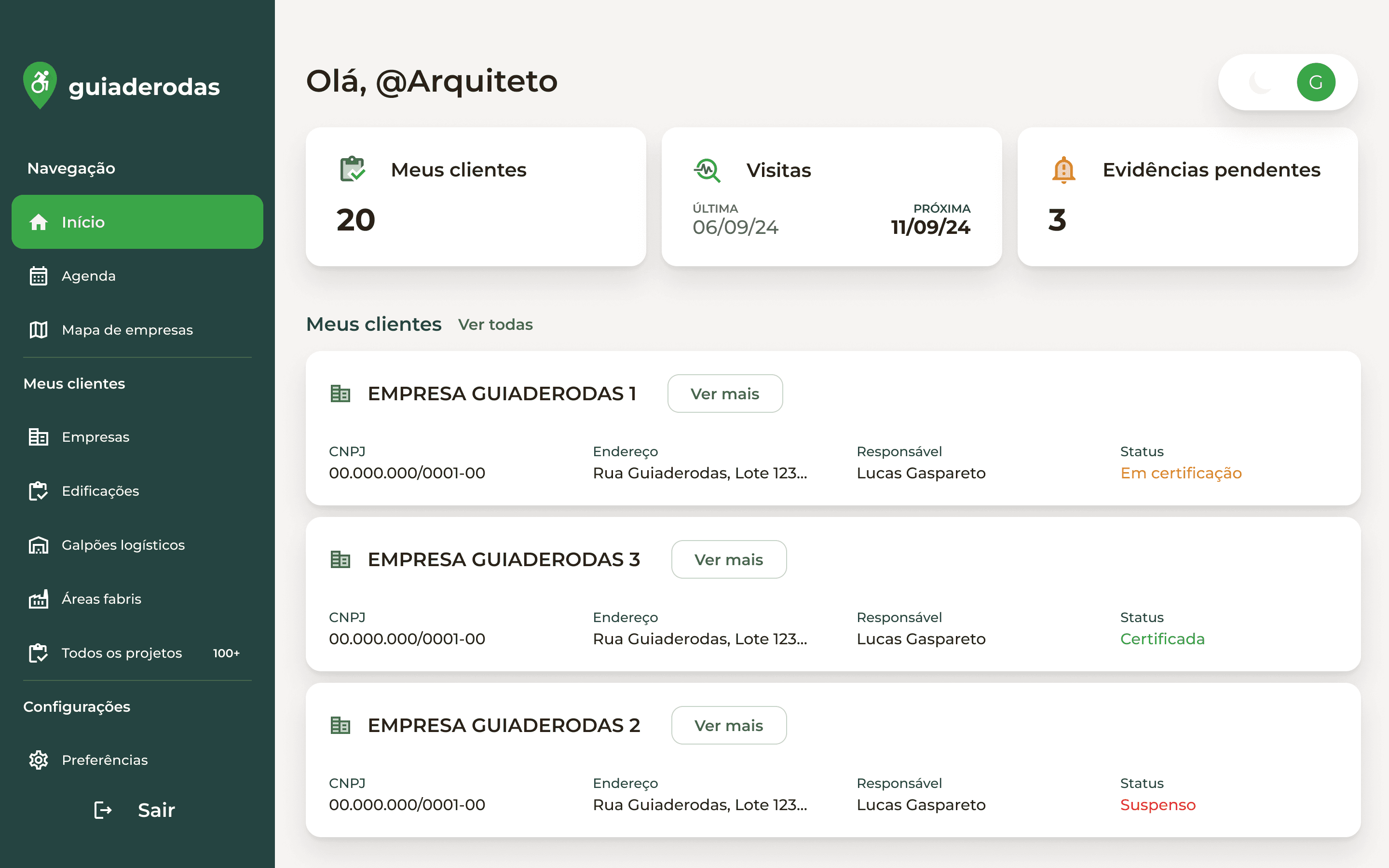 Home do dashboard — visão do arquiteto